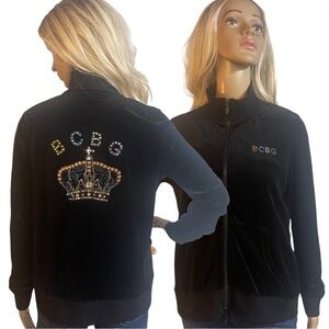 Bcbg Maxazria Black Crown Jeweled Velour Full Zip Jacket